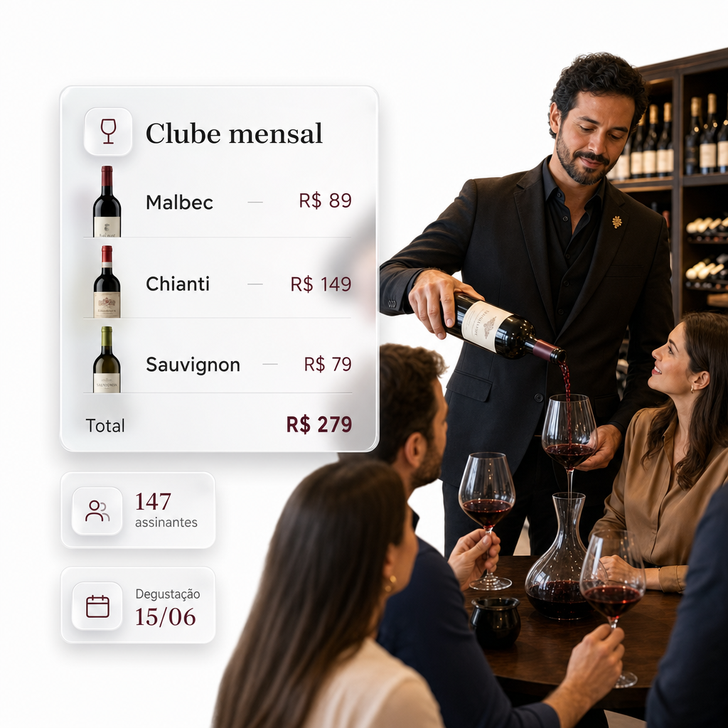 Clube de assinatura e sommelier IA — curadoria mensal, 147 assinantes, degustação