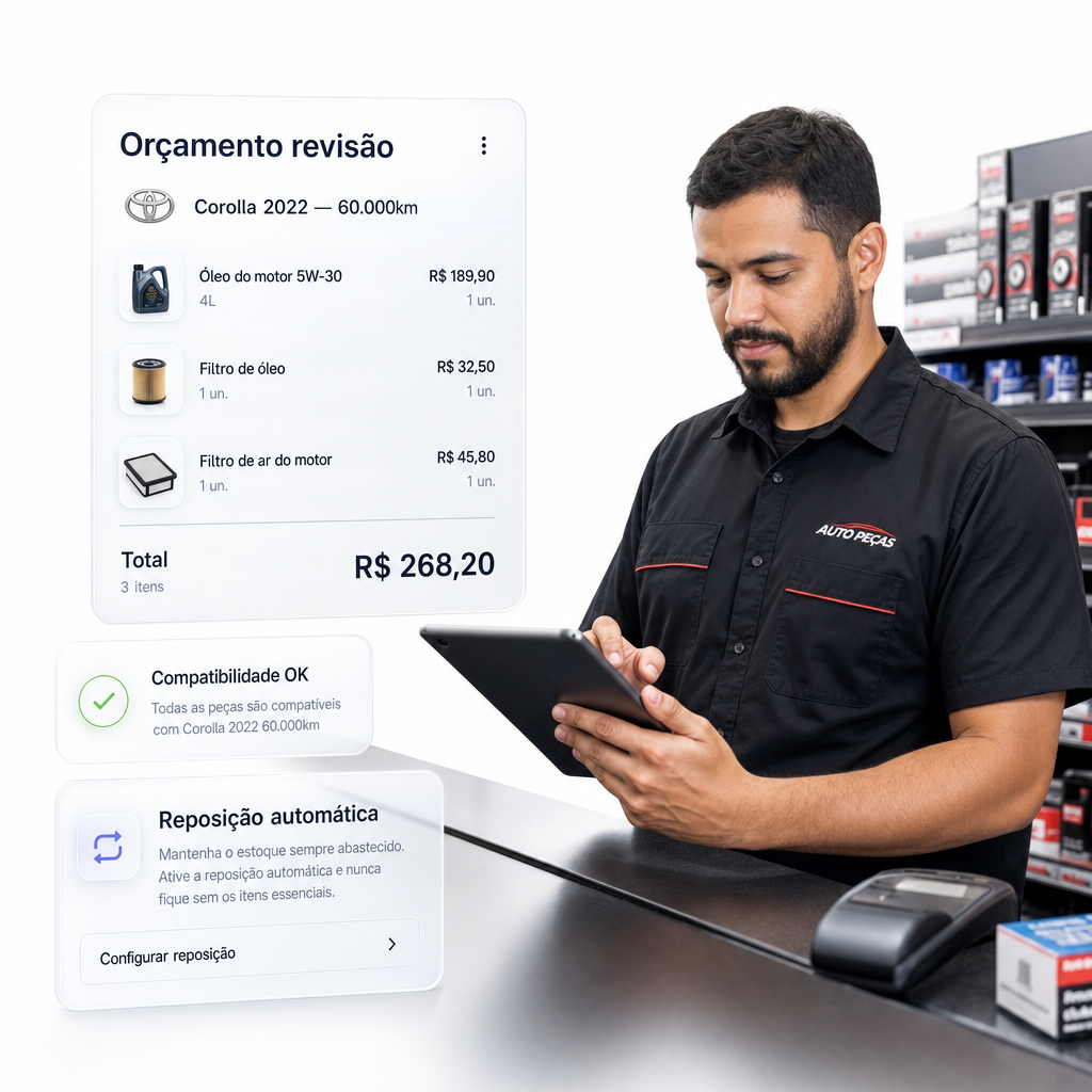 Orçamento de revisão por veículo — compatibilidade e reposição automática