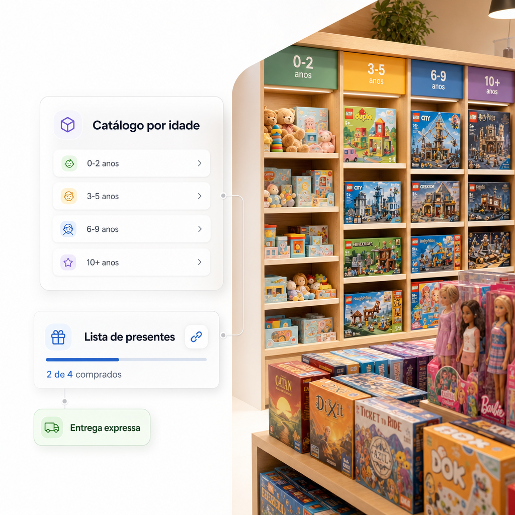 Catálogo de brinquedos por faixa etária com cards glassmorphism e prateleiras coloridas