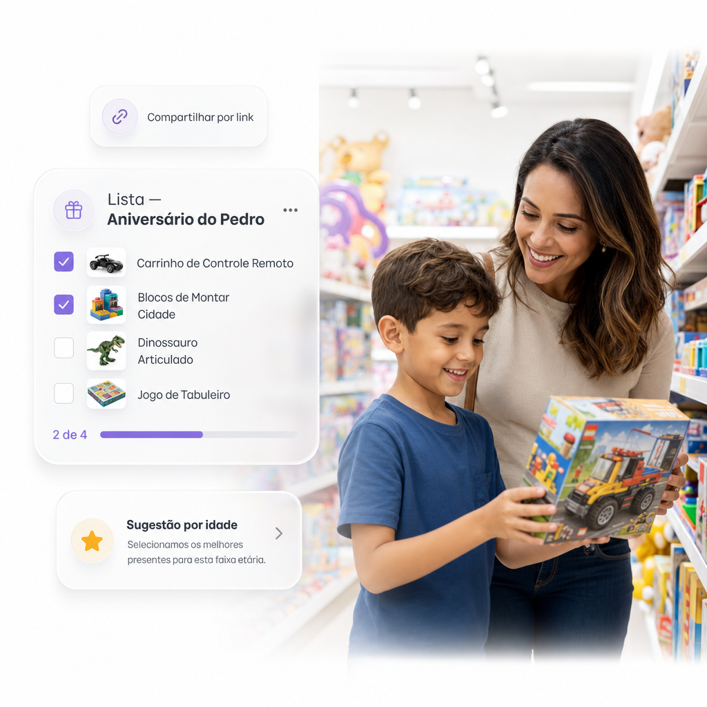 Lista de presentes compartilhável e sugestão por idade — solução da Varejo Hub para brinquedos