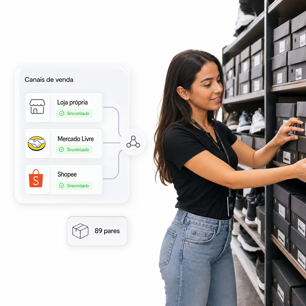 Estoque multicanal — loja própria, Mercado Livre, Shopee sincronizados