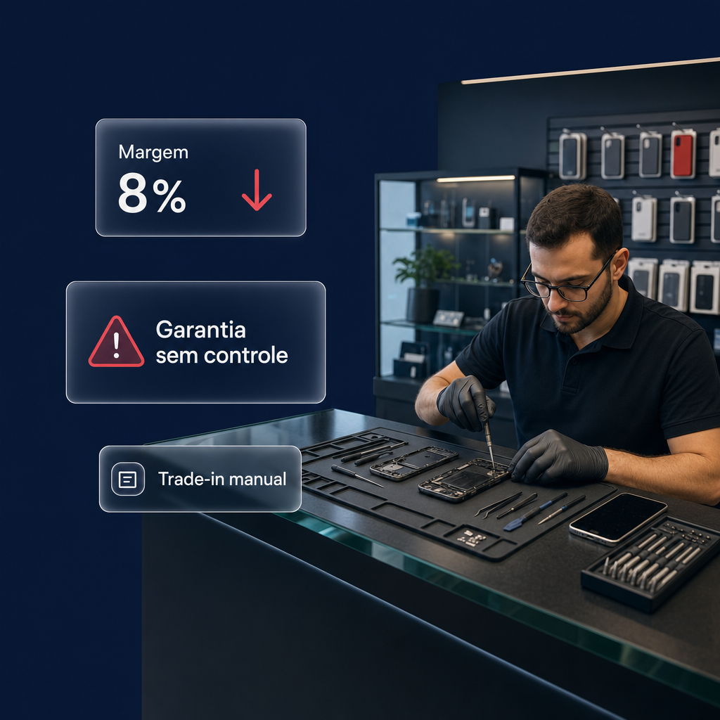 Desafios de loja de eletrônicos — margem apertada, garantia sem controle, trade-in manual