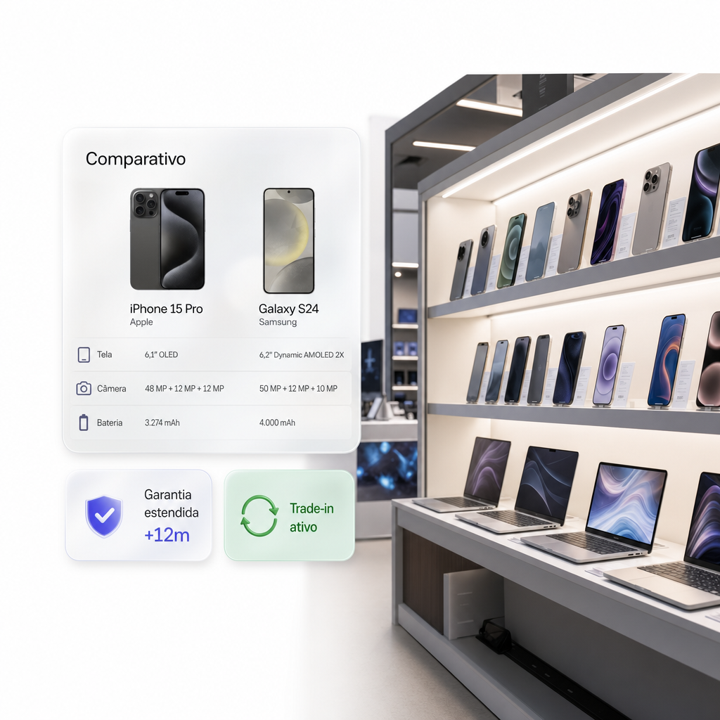 Vitrine de eletrônicos com cards de comparativo, garantia estendida e trade-in