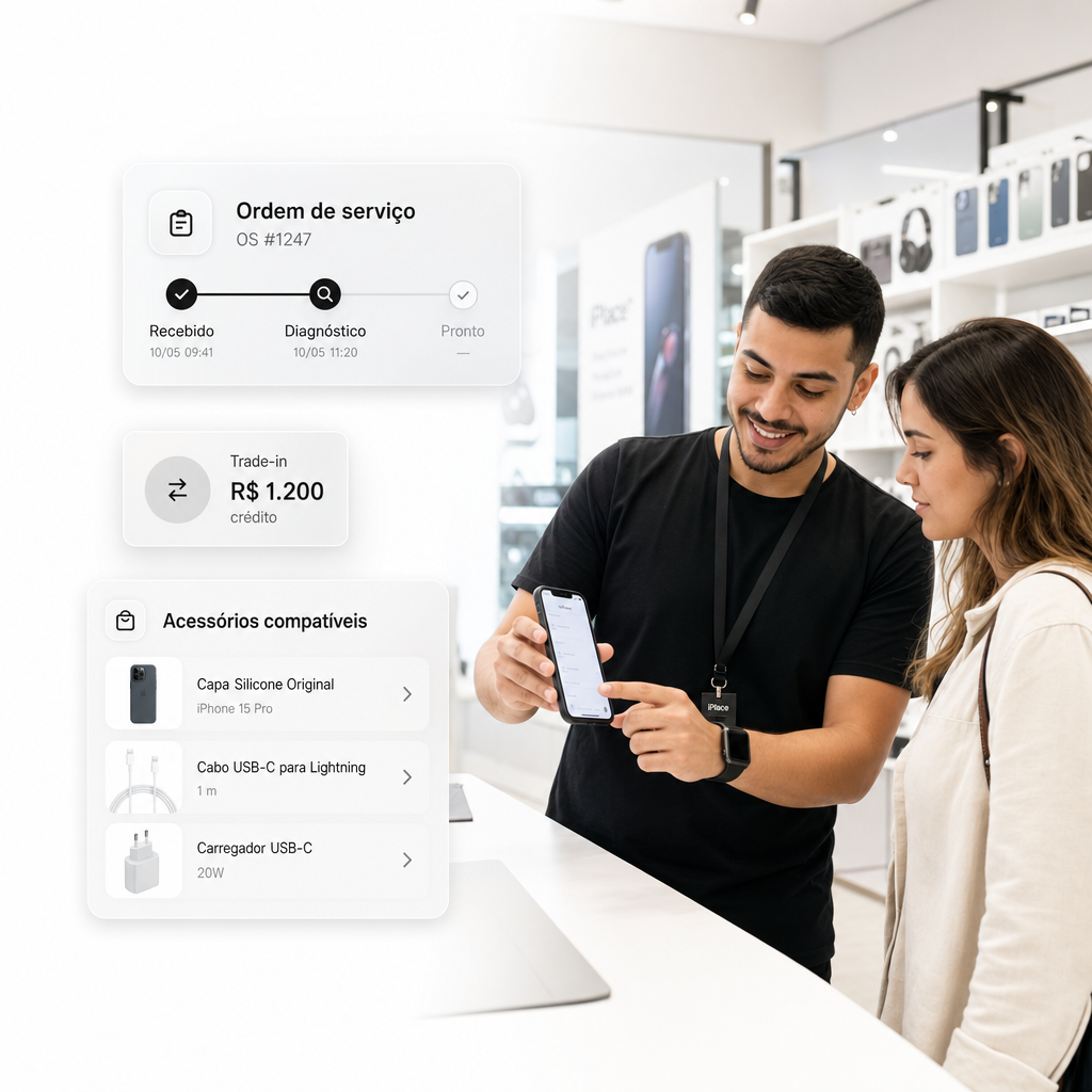 Vendedor mostrando smartphone com ordem de servico, trade-in e acessorios compativeis