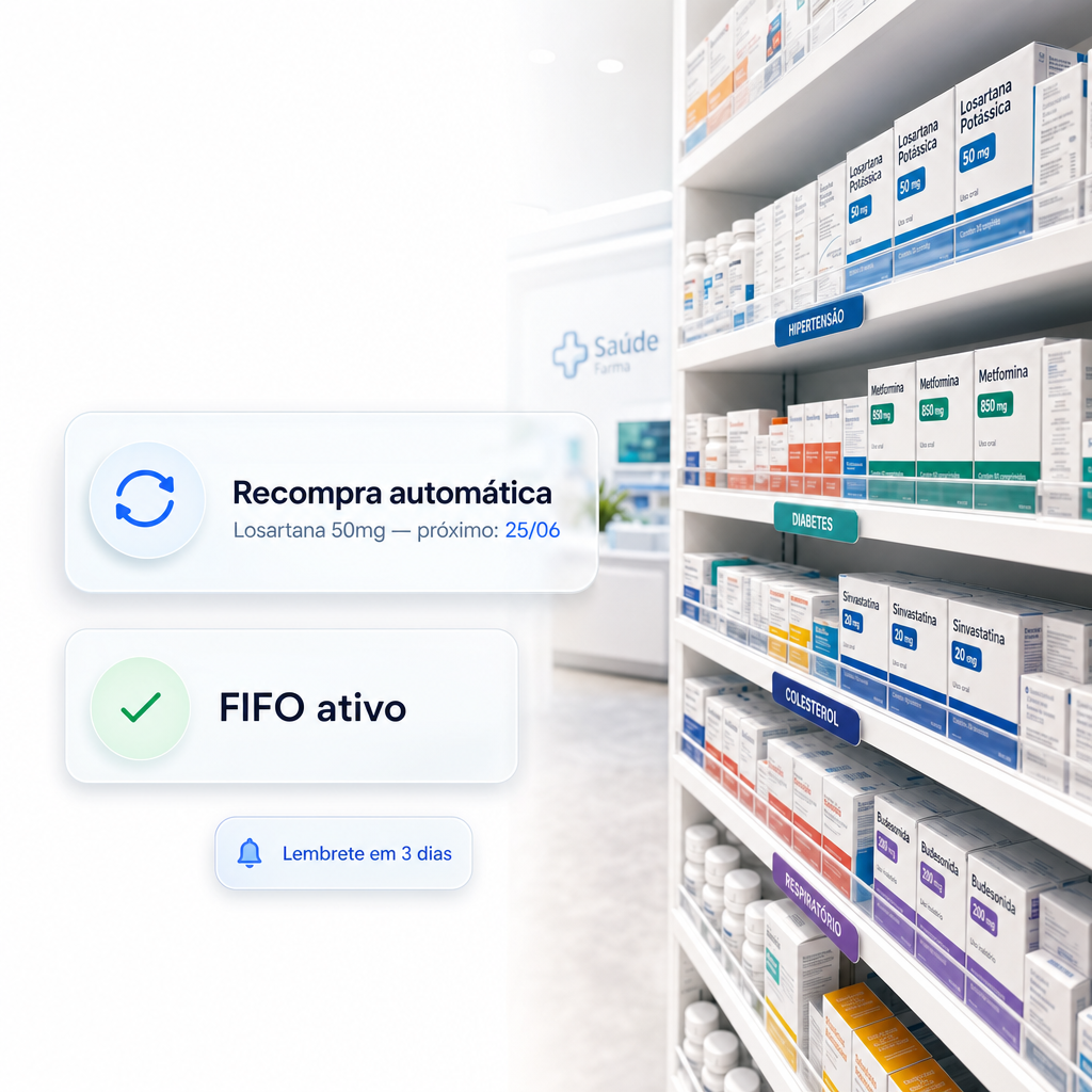 Prateleiras de farmácia — recompra automática, FIFO e lembrete