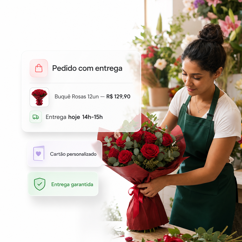 Pedido com entrega — buquê de rosas e florista preparando arranjo