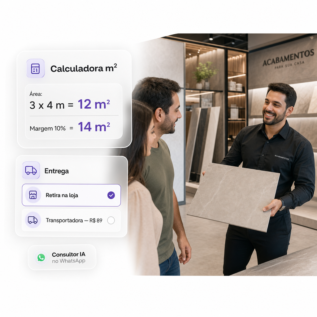 Calculadora m², entrega e consultor IA — showroom de acabamento com cards glassmorphism