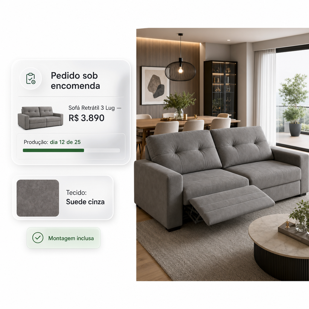Pedido sob encomenda — sofá retrátil, tecido e montagem inclusa