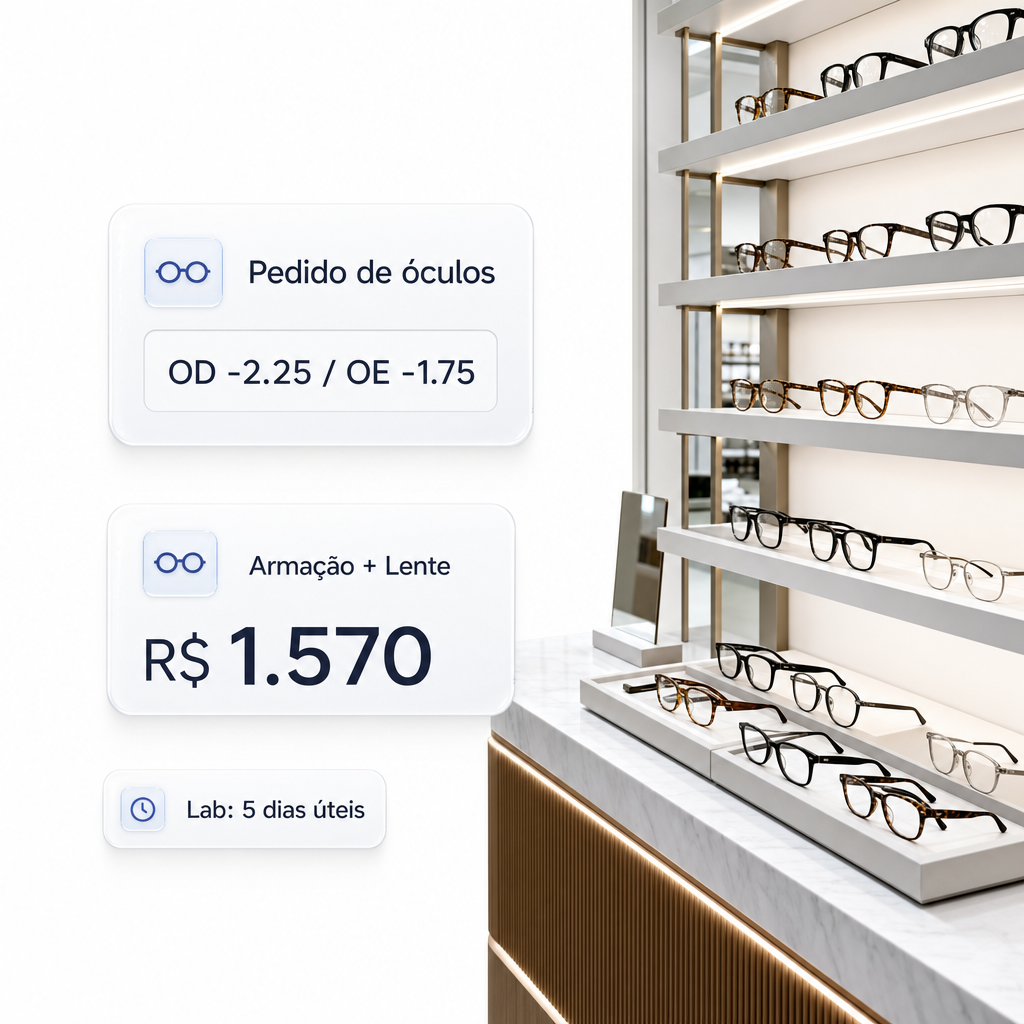 Gestão de ótica — receita médica e catálogo de armações com glassmorphism