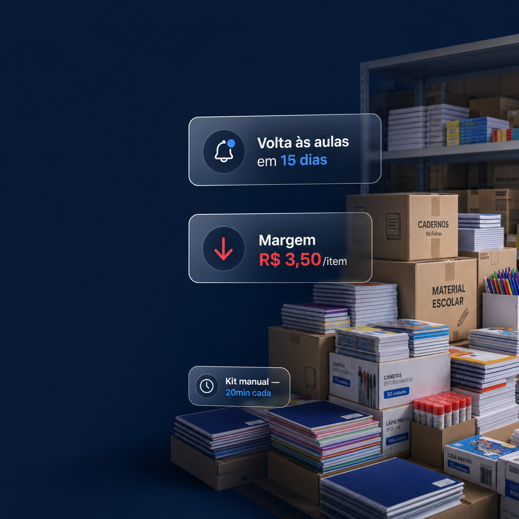 Desafios de papelaria — sazonalidade, margem baixa e kits manuais