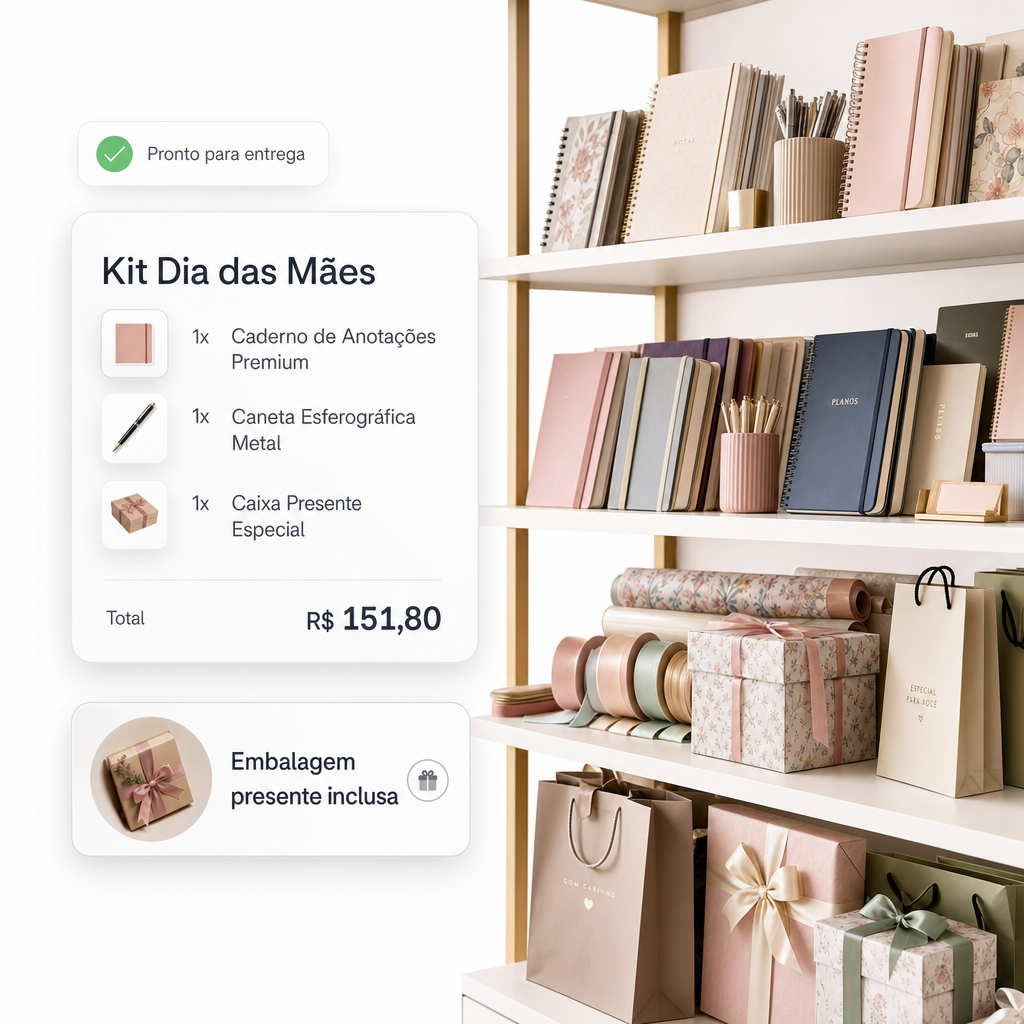 Kit personalizado de papelaria — Dia das Mães com agenda, caneta e embalagem presente