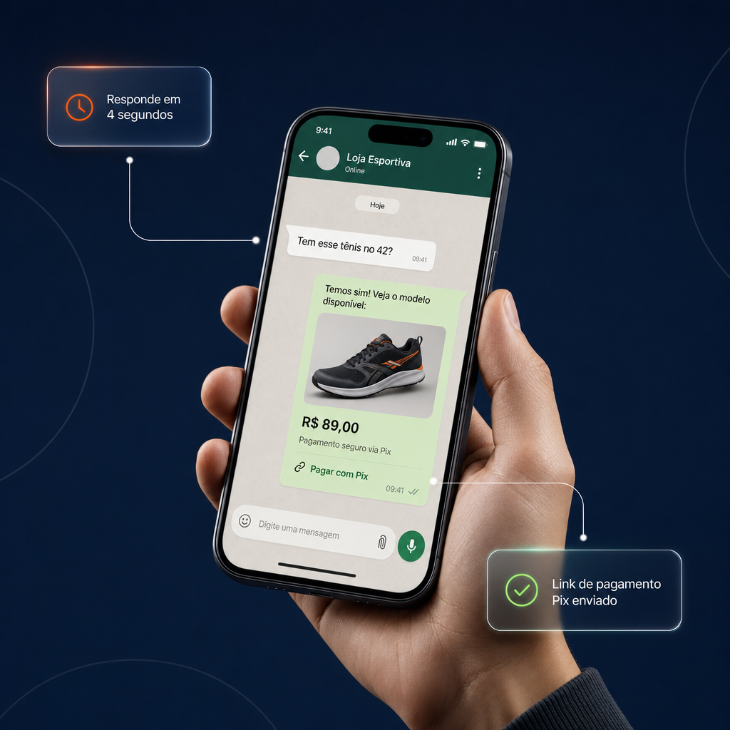 IA da Varejo Hub atendendo cliente pelo WhatsApp — responde com foto do produto, preço e link de pagamento Pix