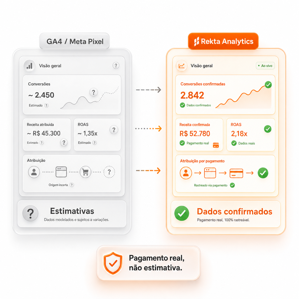 Comparativo entre GA4/Meta Pixel e o Analytics da Varejo Hub — dados reais vs estimativas