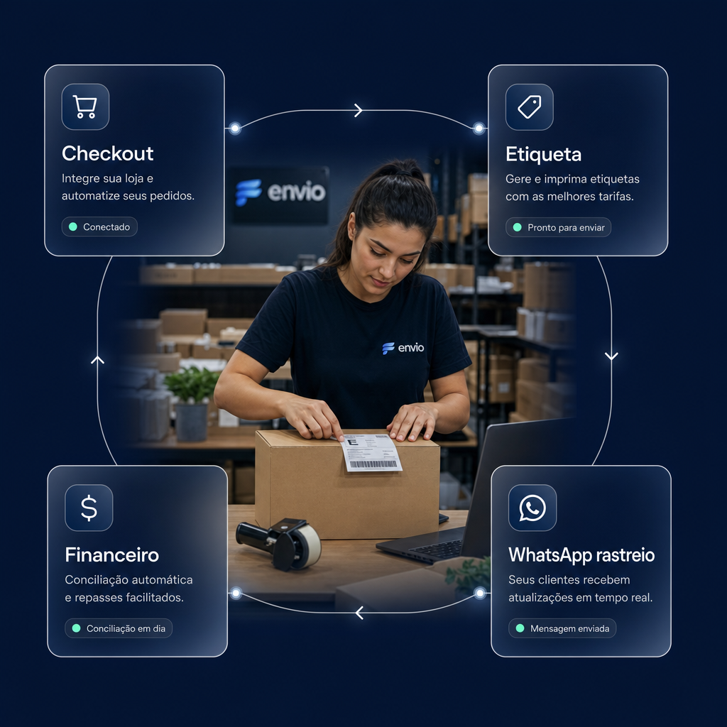 Ecossistema da Varejo Hub conectando frete, checkout, WhatsApp e financeiro