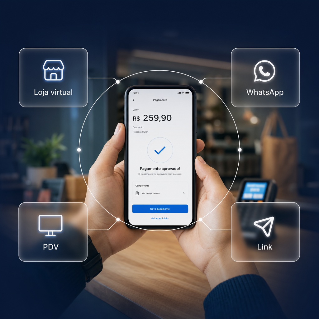 Fluxo integrado — checkout, pedidos, CRM, analytics e fulfillment conectados