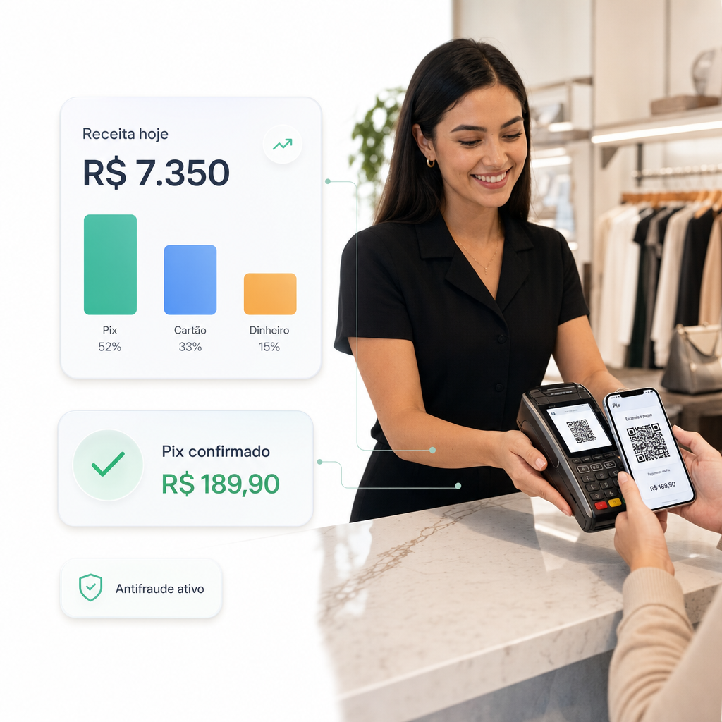 Varejo Pay — painel financeiro com transacoes Pix, cartao e boleto em tempo real