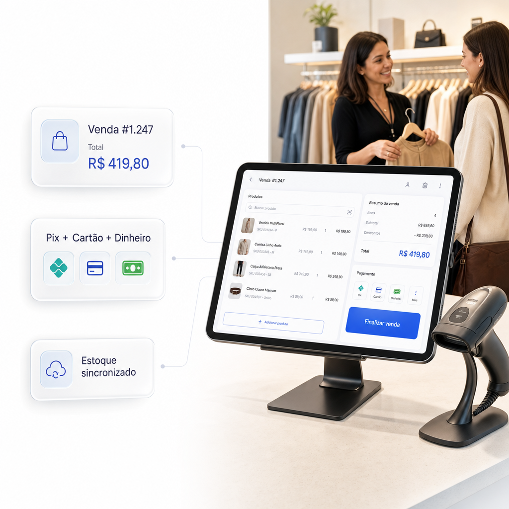 Interface do PDV da Varejo Hub com carrinho, busca de produtos e pagamento